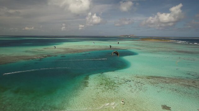Aerial view of kitesurfers in Los Roques archipelago, Venezuela.