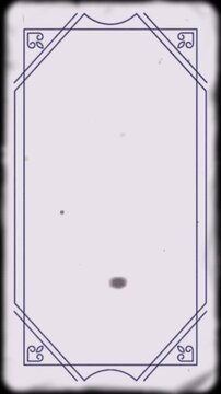 Vertical 9:16 vintage silent film frame overlay featuring an ornate dark blue art deco line border, corner flourish swirls, subtle rounded vignette edges, flickering analog dust, hair, and scratches