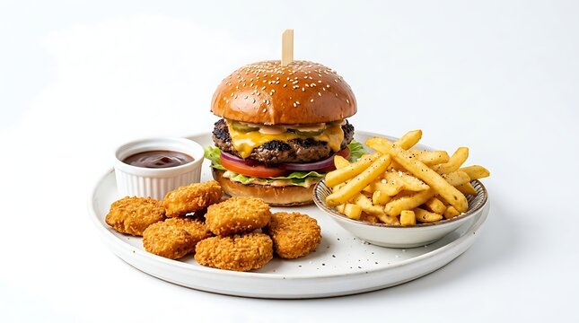 Hamburger and French Fries with Pulled Pork Sandwich, Cheeseburger, Beef, Cheese, Lettuce and Tomato Isolated on White Background