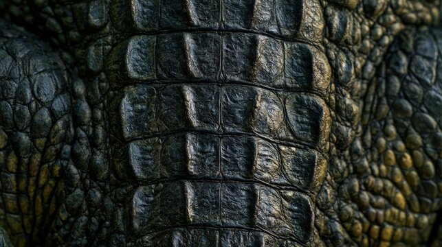 Detailed close-up of a dark crocodile skin texture with rough scales and natural patterns. Use this wildlife background for exotic luxury or nature design concepts.