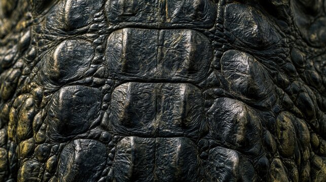 A high-detail macro close-up of a dark alligator skin texture with raised scales. Ideal for nature backgrounds or luxury fashion design projects.