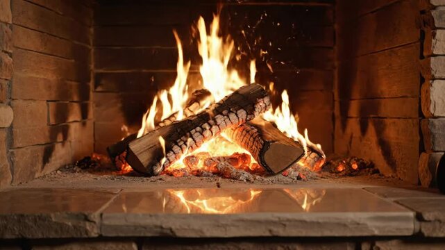 Cozy fireplace with burning logs and warm flames inside a brick hearth providing a relaxing atmosphere