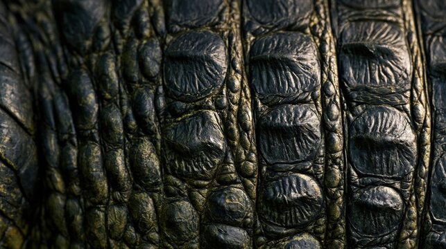 Close-up macro detail of dark crocodile or alligator skin texture with deep patterns. Excellent background for luxury wildlife and exotic leather themes.
