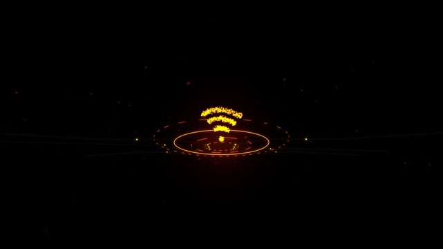 3D holographic golden Wi-Fi transmitter rotating above glowing data rings and circuit traces. Featuring a futuristic amber glow on a dark background, ideal for technology promos, cyber security backdr