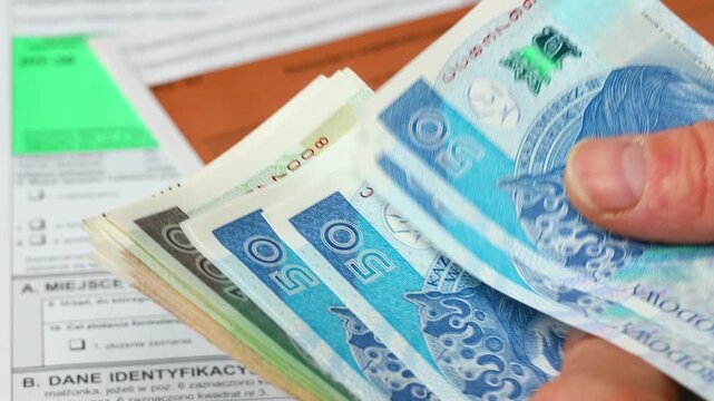 Polish taxes. Personal income tax filing. Financial concept. Business background. Calculating the tax amount due in Poland. Counting money over PIT tax forms.
