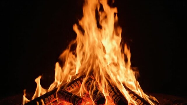 Bright orange flames dancing from a campfire with crackling sounds against a dark background in close up