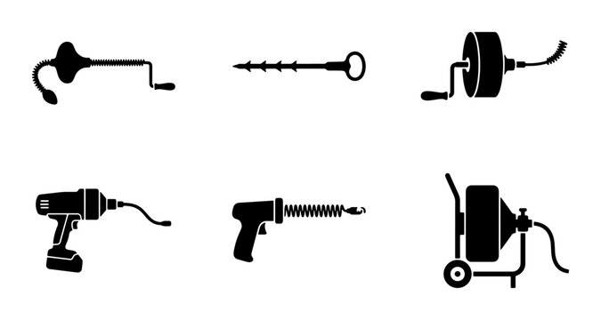 Black drain cleaning tools set, plumbing equipment graphic icons