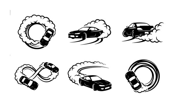 Black sports cars drifting, smoke trails, circular and infinity shapes