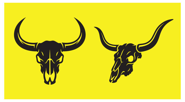 Two black bull skulls icons silhouette on a yellow background with bull skull animal skull bull head wild west wildlife skeleton illustration