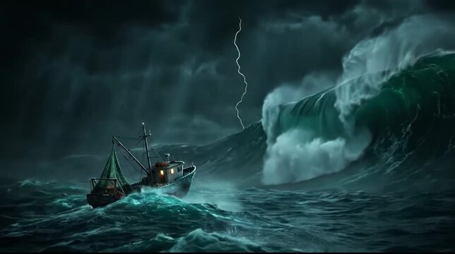 Fishing boat battling massive waves and lightning in a storm