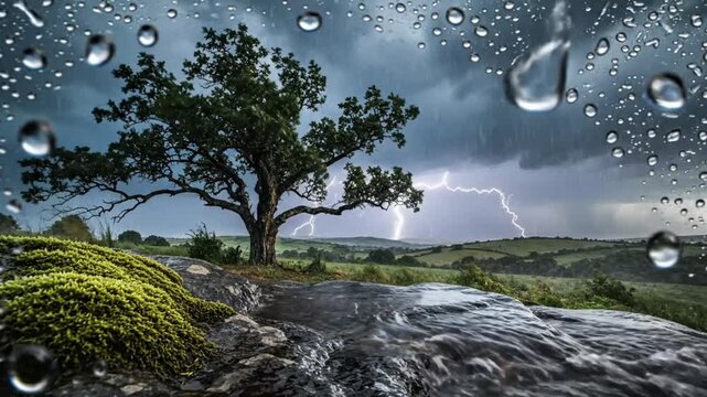 Epic thunderstorm rolling across rural landscape with lone tree silhouetted against dramatic sky and intense rainfall