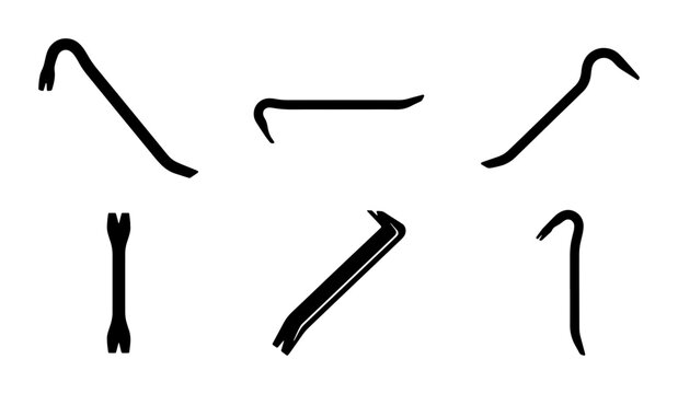 Black crowbar icons set, pry bar tools, isolated on white graphic