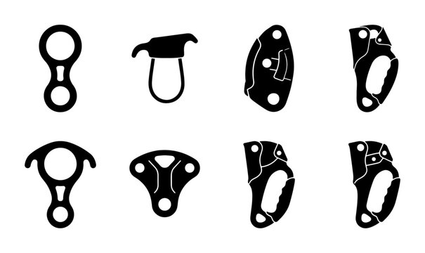 Black climbing belay and rappel devices, set of icons, graphic design