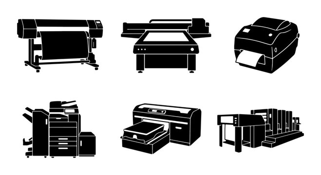 Black printing machines icons, plotter, printer, copier and press