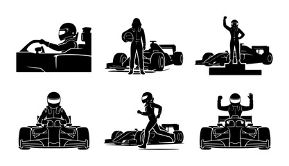 Obraz premium Black and white racing car driver icons, motorsport action
