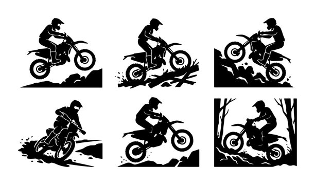 Black motocross rider silhouettes on white background, action sport