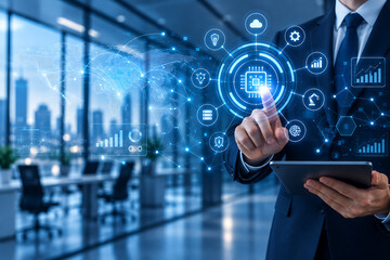 Obraz premium Businessman interacting with a digital interface displaying interconnected network icons