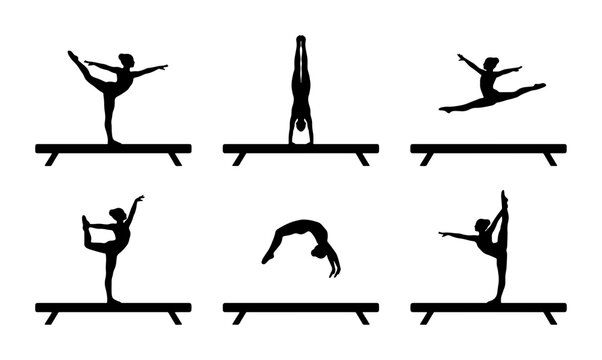 Black gymnastics poses on balance beams, sport and fitness graphic