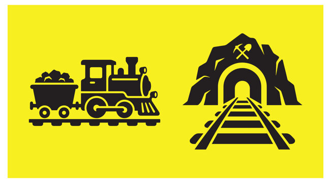 Mining train cart and tunnel icon set on yellow background with background industry illustration transport excavation equipment underground