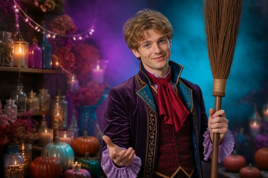 Young man in a purple velvet wizard costume holding a broomstick. Smiling warlock gesturing in a magical room with potions and pumpkins for Halloween