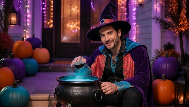 Smiling man in a purple wizard costume brewing a potion in a glowing cauldron. Adult male warlock celebrating Halloween on a decorated porch at night