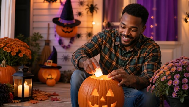 Smiling Black man placing a candle into a carved jack-o-lantern on a decorated porch. Adult male preparing festive autumn and Halloween decorations outside his home