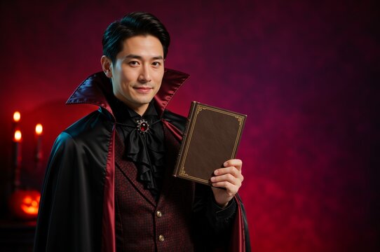 Smiling Asian man in vampire costume holding a book. Handsome male adult dressed as Dracula for Halloween party. Dark red background with glowing pumpkin and candles