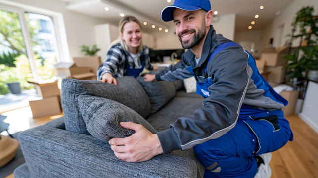 Cinematic wide composition of two professional movers carrying a large sofa into a bright new home filled with moving boxes, successful relocation and furniture delivery service concept, modern livi