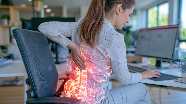 Cinematic wide composition of an office worker suffering lower back pain while sitting in an ergonomic chair, hand pressing the painful lumbar region, realistic medical overlay revealing the spine a