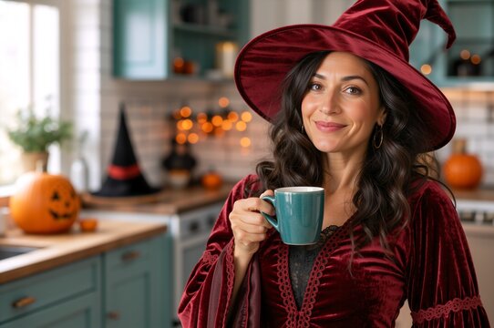 Smiling young woman in red velvet witch costume holding a mug. Happy female enjoying coffee in a decorated kitchen. Cozy Halloween morning at home