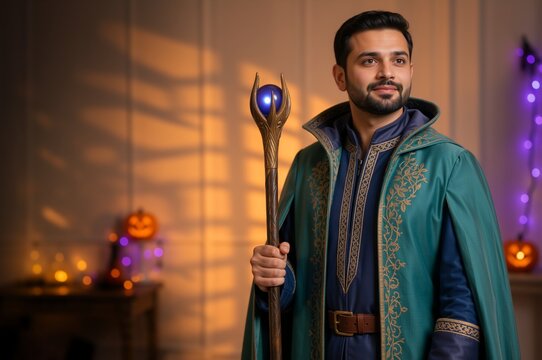 Portrait of a young man in a wizard costume holding a glowing staff. Male sorcerer in teal embroidered cloak at a Halloween party. Fantasy cosplay character