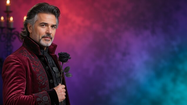 Handsome middle aged man in elegant gothic costume holding a black rose. Serious gentleman dressed as an aristocrat or vampire. Colorful purple and blue background with copy space