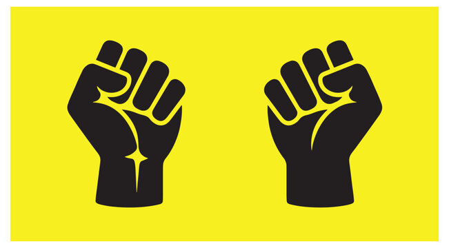 Two raised protest fists with star accents silhouette icons on a yellow background raised fist star accent black icon power sign resistance graph