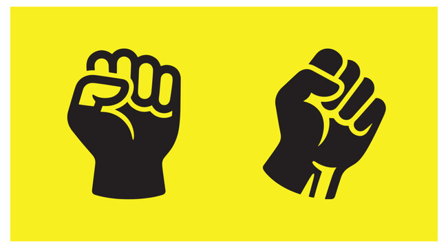 Two raised protest fists silhouette icons isolated on a bright yellow background with raised fist black icon power sign resistance graphic