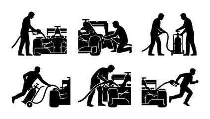 Obraz premium Black silhouettes of pit crew refueling race car, graphic illustration