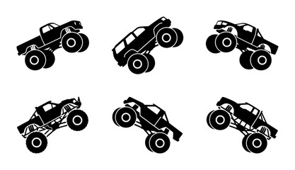 Black monster truck silhouettes set, extreme action poses, graphic © Ibrahim