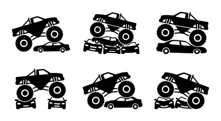 Black monster truck icons crushing cars, automotive action and power © Ibrahim