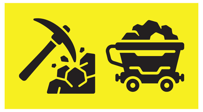 Pickaxe breaking rock and mining cart filled with ore silhouette icons on yellow pickaxe icon black icon yellow background industry graphic