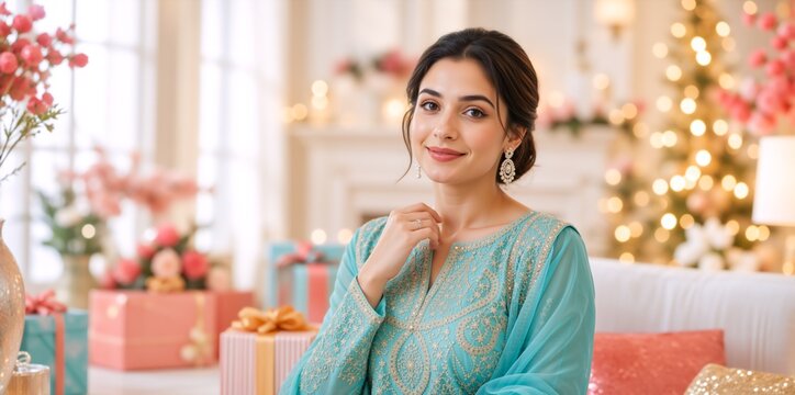 Portrait of an elegant South Asian woman in traditional turquoise outfit. Smiling female in decorated living room with Christmas tree and gifts. Festive holiday celebration