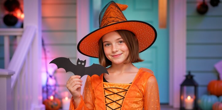 Smiling young girl in witch costume holding a paper bat. Happy child in orange Halloween outfit on decorated porch. Autumn holiday celebration