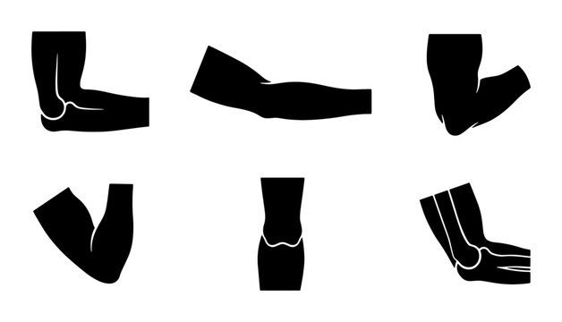 Black elbow joint silhouettes, medical anatomy and flexion poses