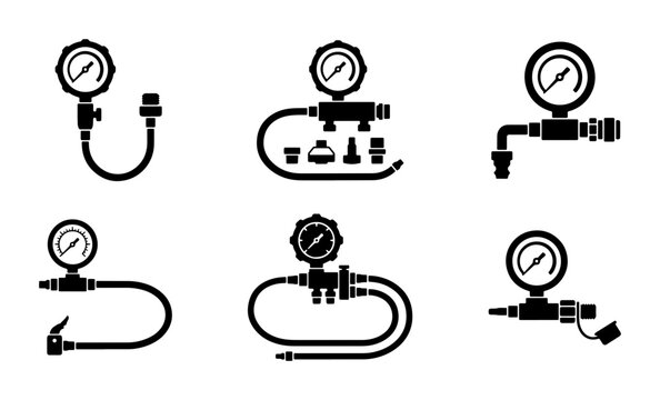 Black pressure gauges with hoses and adapters, industrial tool icons