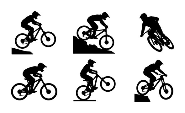 Six black bicycle rider silhouettes jumping and riding, graphic design