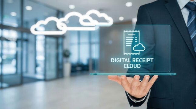 Digital Receipt Cloud Management: Businessman holding a large digital receipt icon with cloud storage elements in a contemporary business environment 