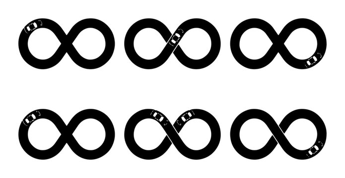 Black infinity road loop with cars, symbol for endless journey