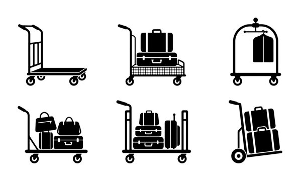 Black luggage carts and baggage trolleys silhouette collection, travel