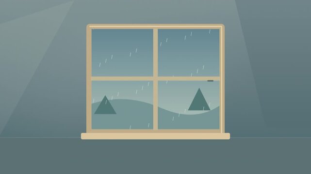 Flat cartoon animation of rain falling outside a room window