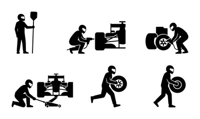 Obraz premium Black racing pit crew icons, simple shapes, graphic design elements