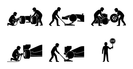 Obraz premium Black racing pit crew icons, simple shapes, graphic elements
