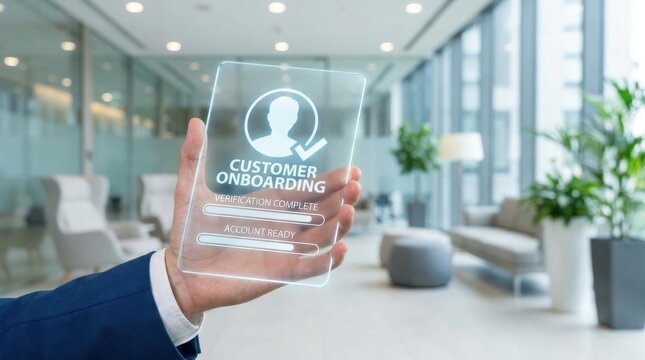 Customer Onboarding Management: Businessman holding a large customer onboarding icon with profile and verification elements in a modern corporate environment 